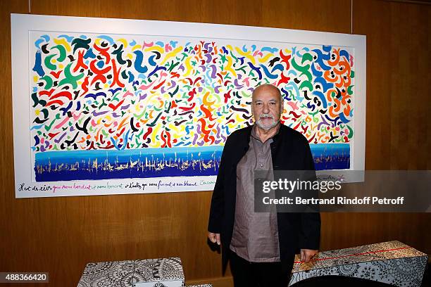 Writer Tahar Ben Jelloun attends the 'Paintings Poems from Tahar Ben Jelloun - Furniture Scriptures from C.Saccomanno & O.Dayot' : Press Preview at...