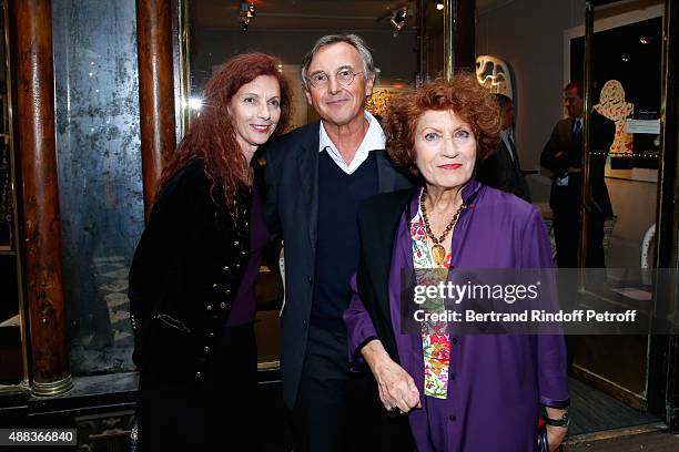 Artist Chantal Saccomanno, Pierre Passebon and Actress Andrea Ferreol attend the 'Paintings Poems from Tahar Ben Jelloun - Furniture Scriptures from...