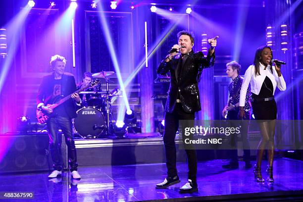 Episode 0329 -- Pictured: John Taylor, Roger Taylor, Simon Le Bon, and Dom Brown of musical guest Duran Duran perform with Anna Ross on September 15,...