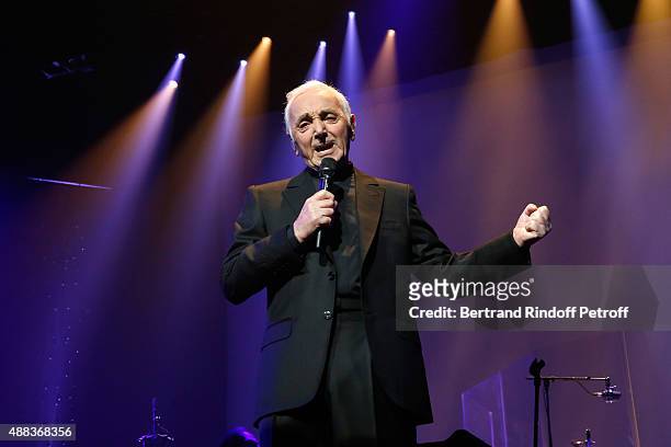 Singer Charles Aznavour performs at Palais des Sports on September 15, 2015 in Paris, France.