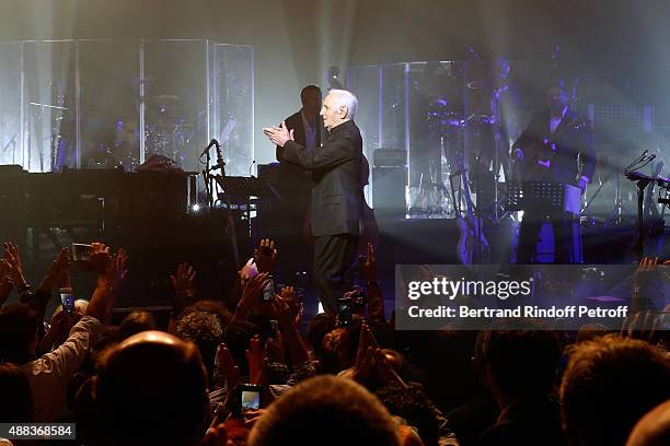 Singer Charles Aznavour performs at Palais des Sports on September 15, 2015 in Paris, France.