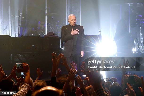 Singer Charles Aznavour performs at Palais des Sports on September 15, 2015 in Paris, France.