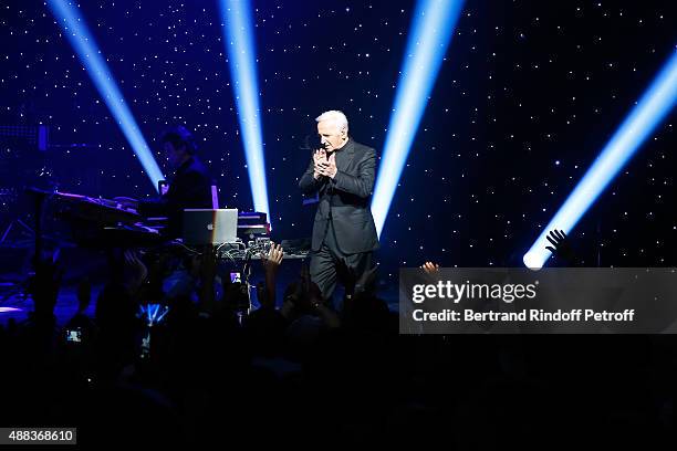 Singer Charles Aznavour performs at Palais des Sports on September 15, 2015 in Paris, France.