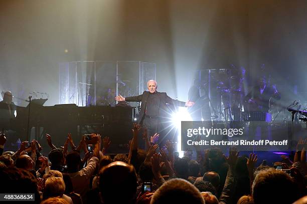 Singer Charles Aznavour performs at Palais des Sports on September 15, 2015 in Paris, France.