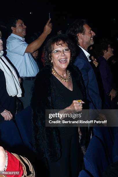 Actors Claudia Cardinale and Stepahne Freiss attend the Concert of singer Charles Aznavour at Palais des Sports on September 15, 2015 in Paris,...