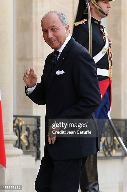 Laurent Fabius, french Minister of Foreign Affairs arrives at the State Dinner honoring Japanese Prime Minister at Elysee Palace on May 5, 2014 in...