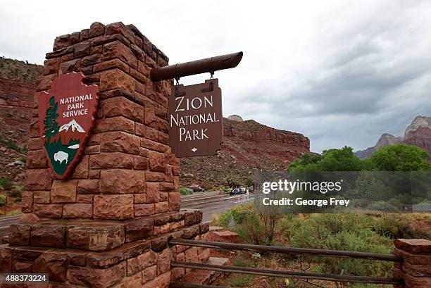 Cars enter Zion's National Park on September 15, 2015 in Springdale, Utah. Four hikers died and three are missing after a flash flood yesterday that...
