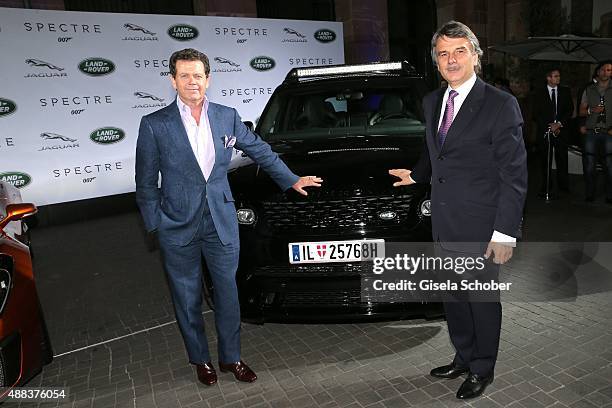 Gerry McGovern and Dr. Ralf Speth - CEO Jaguar Land Rover during the presentation of the Jaguar Land Rover vehicles starring in the new Bond film...