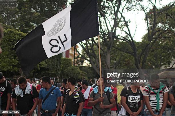 Students from Ayotzinapa protest at the central square in Chilpancingo, Guerrero State, Mexico on September 15, 2015. Next September 26 will mark the...