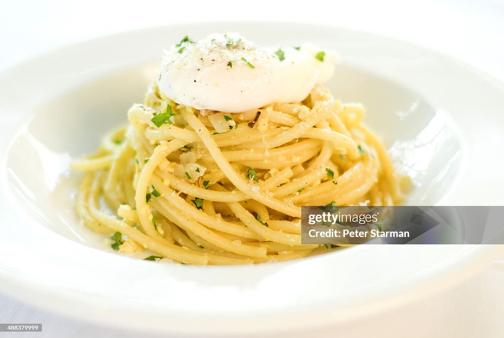 Linguini carbonara with soft poached egg