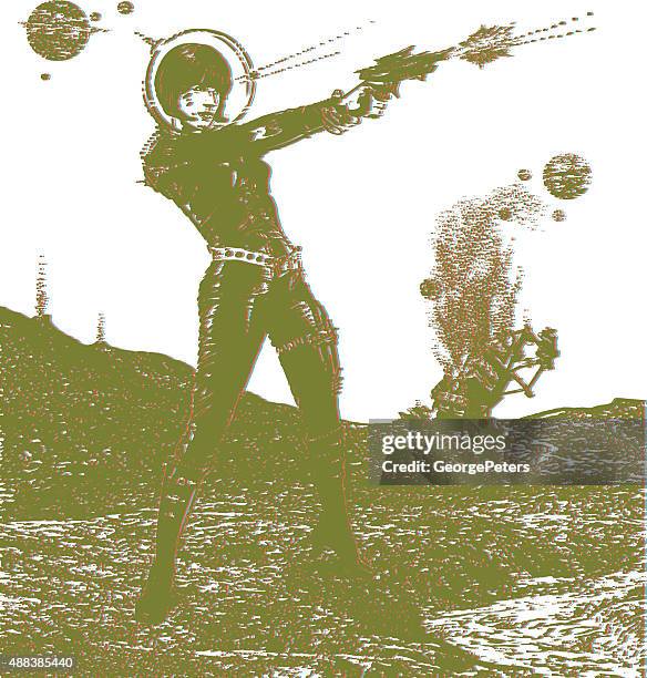 retro space woman in combat in outer space - stranded stock illustrations