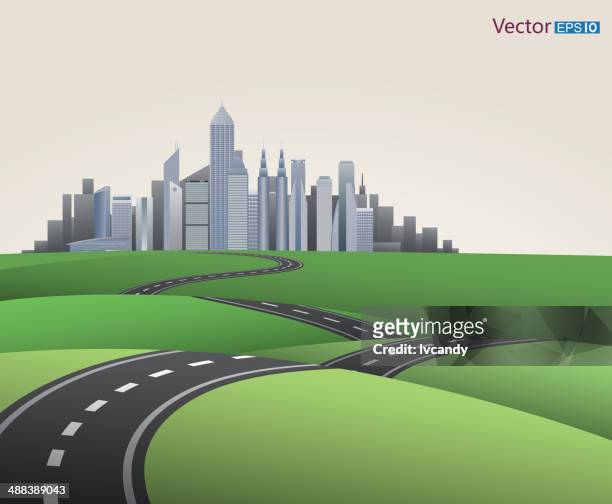 ilustraciones, imágenes clip art, dibujos animados e iconos de stock de road conducirá a la ciudad - liderar