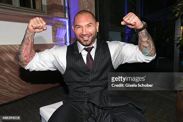 Dave Bautista during the presentation of the Jaguar Land Rover vehicles starring in the new Bond film 'Spectre' on September 15, 2015 in Frankfurt am...