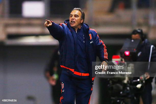 Martin Lasarte coach of U de Chile shouts instructions to his players during a match between Audax Italiano and U de Chile as part of 6th round of...