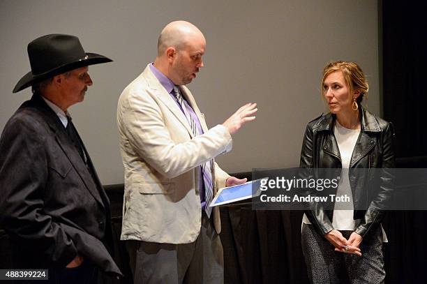 Author Sam Brower, Moderator/Film Editor for Flavorwire Jason Bailey, and Writer/Director Amy Berg speak during the private screening and Q&A for...