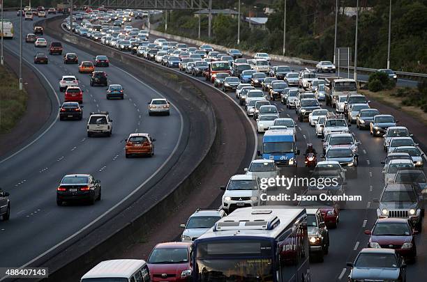 Evening traffic crawls along Auckland's Northwestern Motorway, State Highway 16, near Western Springs on May 6, 2014 in Auckland, New Zealand. The...