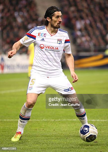Milan Bisevac of Lyon in action during the French League Cup Final between Olympique Lyonnais OL and Paris Saint-Germain FC at Stade de France on...