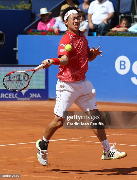 Kei Nishikori of Japan in action against Marin Cilic of Croatia during the ATP Tour Open Banc Sabadell Barcelona 2014, 62nd Trofeo Conde de Godo at...