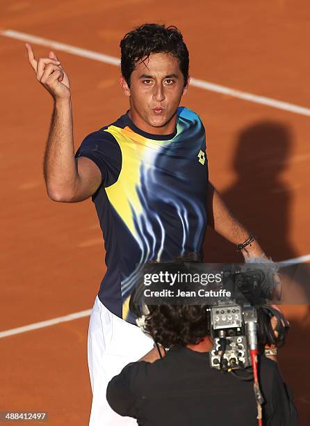 Nicolas Almagro of Spain celebrates his victory against Rafael Nadal of Spain during the ATP Tour Open Banc Sabadell Barcelona 2014, 62nd Trofeo...