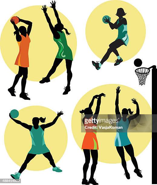 set of netball players in action - passing sport stock illustrations