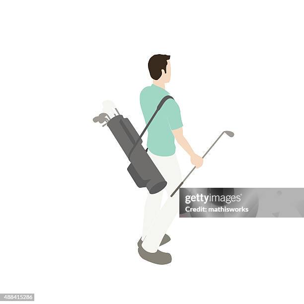 ilustraciones, imágenes clip art, dibujos animados e iconos de stock de hombre con bolsa de golf medio - bolsa de golf