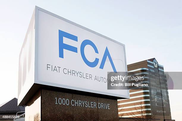 The new Fiat Chrysler Automobiles Group sign is shown at the Chrysler Group headquarters May 6, 2014 in Auburn Hills, Michigan. Today, Chief...