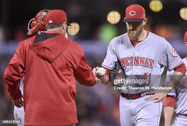 Manager Bryan Price of the Cincinnati Reds takes pitcher Ryan Mattheus out of the game against the San Francisco Giants in the bottom of the six...