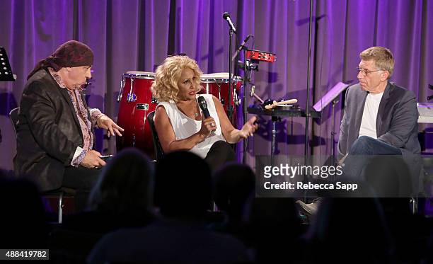 Producer/musician Stevie Van Zandt and vocalist Darlene Love speak with Executive Director of the GRAMMY Museum Bob Santelli at An Evening With...