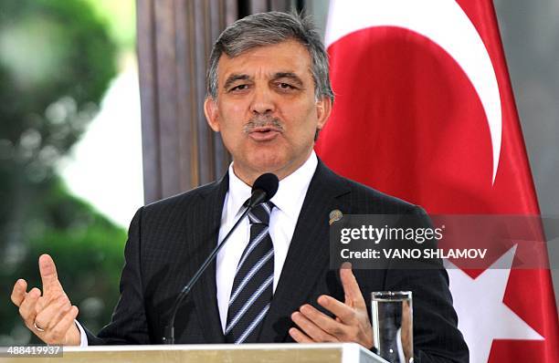 Turkey's President Abdullah Gul speaks to the media at The Tbilisi Summit 2014 in the Georgia's capital Tbilisi, on May 6, 2014. AFP PHOTO /VANO...