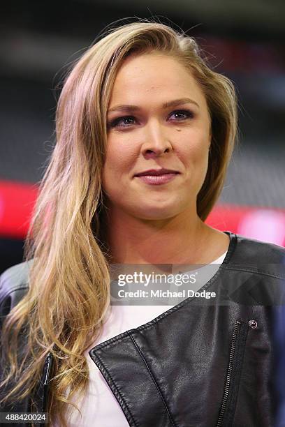 Ronda Rousey, UFC Women's Bantamweight Champion, looks on during the UFC 193 media event at Etihad Stadium on September 16, 2015 in Melbourne,...