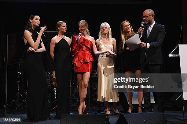 Mina Cvetkovic, Anna Ewers, Sasha Luss, Hanne Gaby, Natasa Vojnovic and Andy Boose speak onstage at the Unitas gala against Sex Trafficking at...