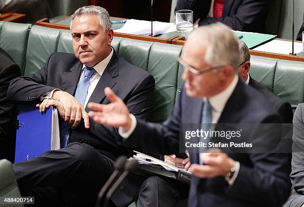 Treasurer Joe Hockey listens to Prime Minister Malcolm Turnbull speak during House of Representatives question time at Parliament House on September...