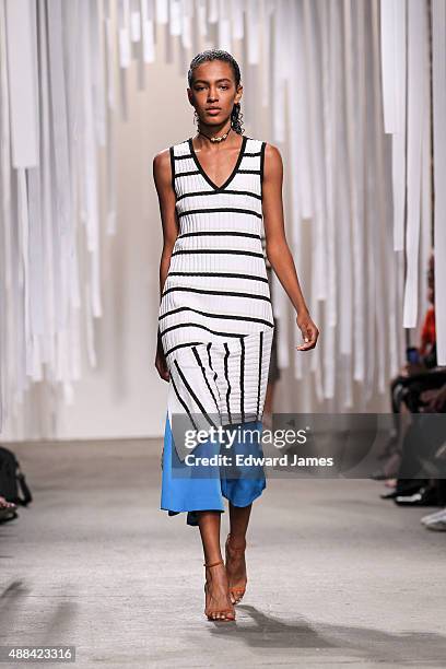 Model walks the runway during the Milly Spring/Summer 2016 fashion show at ArtBeam on September 15, 2015 in New York City.