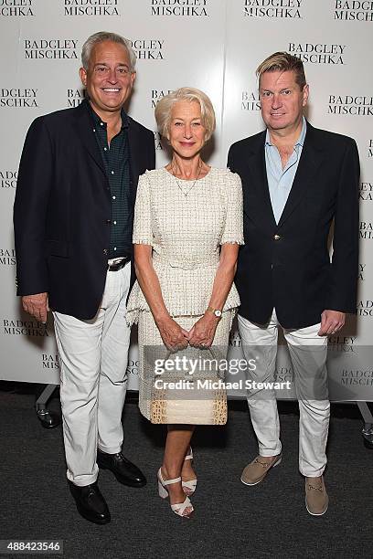 Designer Mark Badgley, actress Helen Mirren and designer James Mischka attend the Badgley Mischka fashion show during Spring 2016 New York Fashion...