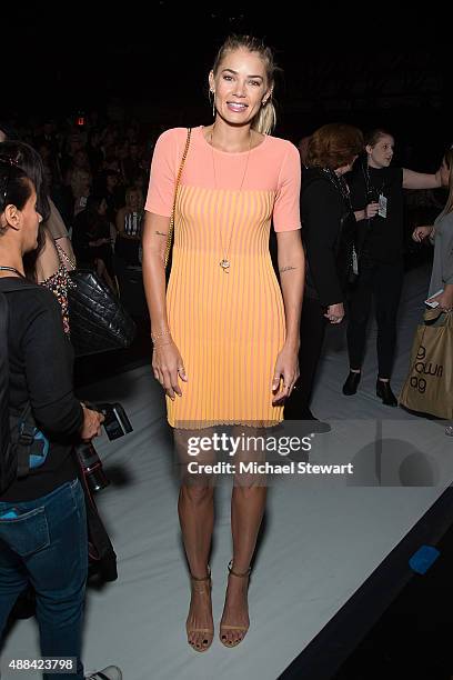 Model Tori Praver attends the Badgley Mischka fashion show during Spring 2016 New York Fashion Week at The Arc, Skylight at Moynihan Station on...