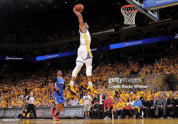 Andre Iguodala of the Golden State Warriors dunks against the Los Angeles Clippers in Game Four of the Western Conference Quarterfinals during the...