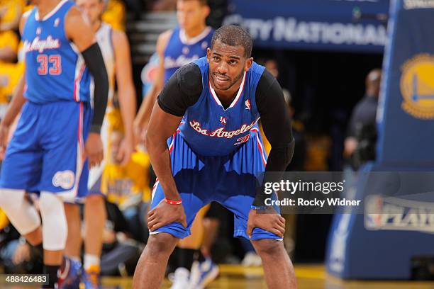 Chris Paul of the Los Angeles Clippers during a game against the Golden State Warriors in Game Four of the Western Conference Quarterfinals during...