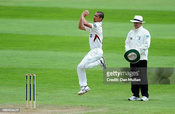 Alfonso Thomas of Somerset runs in to bowl during day three of the LV County Championship Division One match between Somerset and Nottinghamshire at...