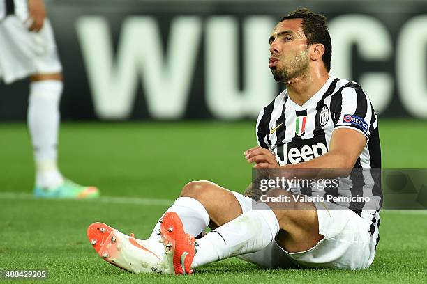 Carlos Tevez of Juventus looks on during the UEFA Europa League semi final match between Juventus and SL Benfica at Juventus Arena on May 1, 2014 in...