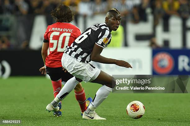 Paul Pogba of Juventus in action during the UEFA Europa League semi final match between Juventus and SL Benfica at Juventus Arena on May 1, 2014 in...