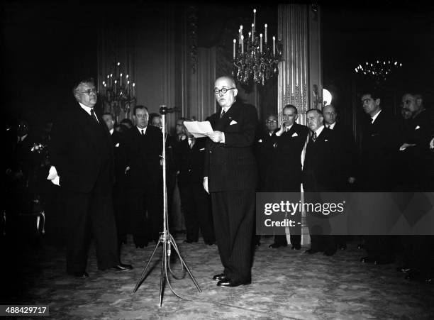 Years on, UN rights declaration faces new challenges"- Picture taken on December 12, 1948 in Paris, at the Palais de Chaillot, shows French President...