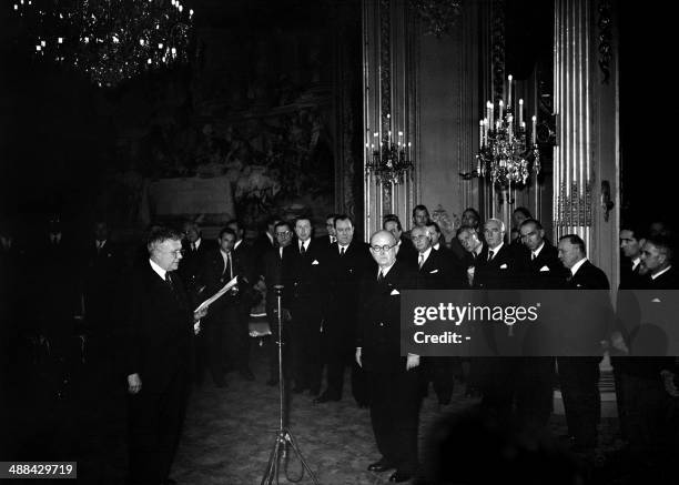 Years on, UN rights declaration faces new challenges"- Picture taken on December 12, 1948 in Paris, at the Palais de Chaillot, shows French president...