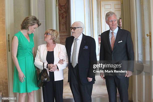 Queen Mathilde of Belgium, Madame Thielemans, Baron Toots Thielemans and King Pilippe of Belgium pose for a picture at Laeken Castle on May 6, 2014...