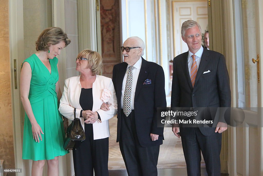 King Philippe Of Belgium And Queen Mathilde Of Belgium receive Baron Toots Thielemans At Laeken Castle