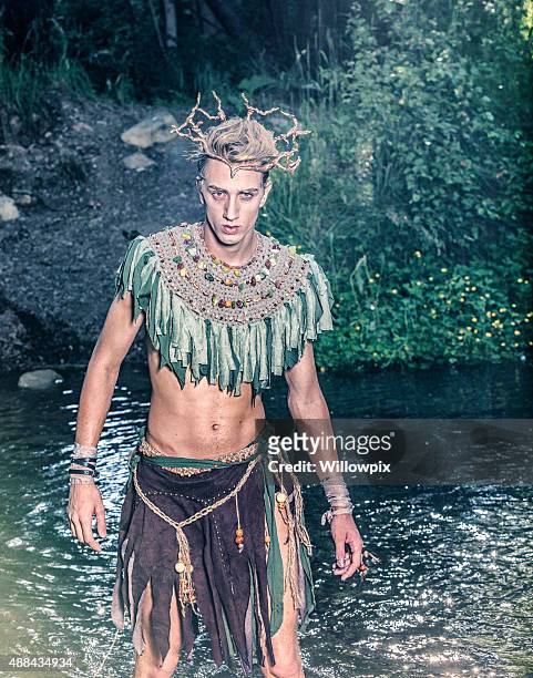 suspicious woodland fairy king leaving forest stream - men in loincloths stock pictures, royalty-free photos & images