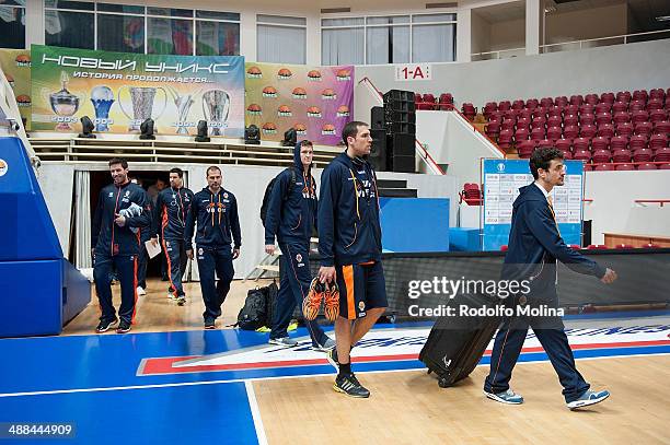 Players of Valencia Basket arrive at the Valencia Basket Practice as part of Eurocup Basketball 2014 Final at Basket Hall Kazan on May 6, 2014 in...