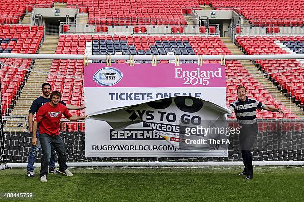 Kelly Brown and Marcelo Bosch of Saracens and World Cup winner Will Greenwood reveal the date that tickets are released for sale, 12 September 2014,...