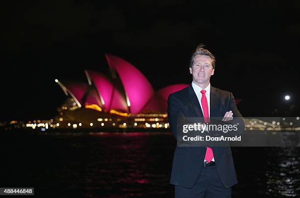 Glen McGrath stands in front of the Sydney Opera House, with its sails turned pink to commemorate ten years of placing McGrath Breast Care Nurses in...