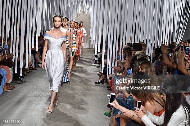 Model walks the runway at the Milly By Michelle Smith Spring Summer 2016 fashion show during New York Fashion Week on September 15, 2015 in New York...