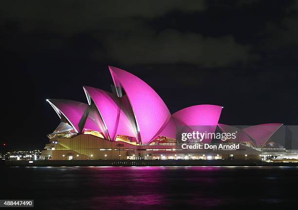 The Sydney Opera House is seen with its sails turned pink to commemorate ten years of placing McGrath Breast Care Nurses in communities across...